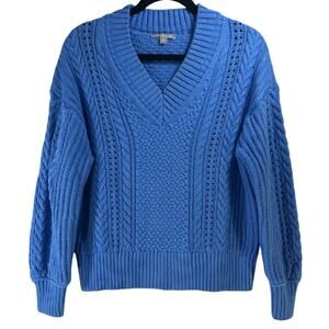 J.Crew Cerulean Blue V-Neck Argyle Chunky Knit Cuffed Sweater Size S